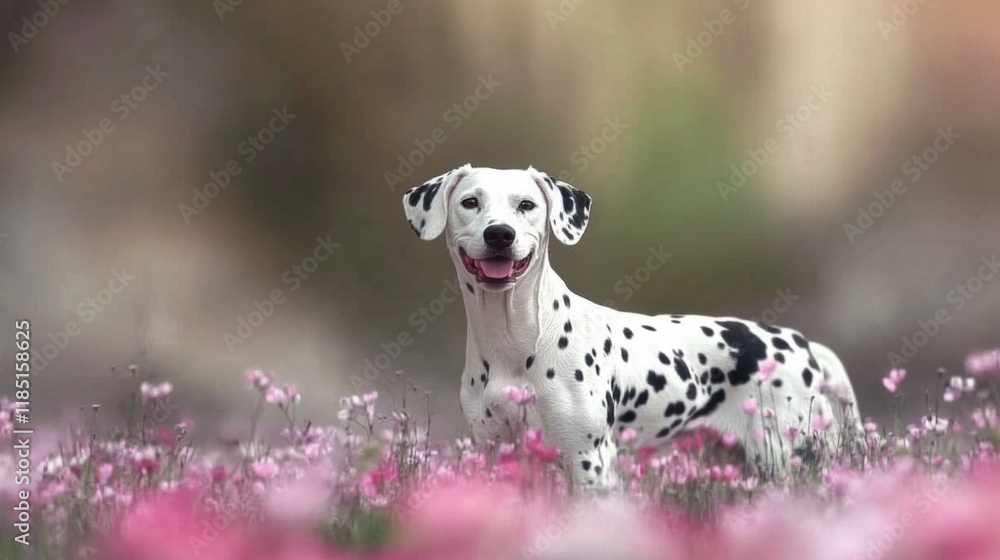 Dalmatian, A Dalmatian dog stands in a vibrant flower field, showcasing its unique black and white coat against a colorful floral backdrop. Dalmatian, A Dalmatian dog stands in a vibrant flower field, showcasing its unique black and white coat against a colorful floral backdrop.