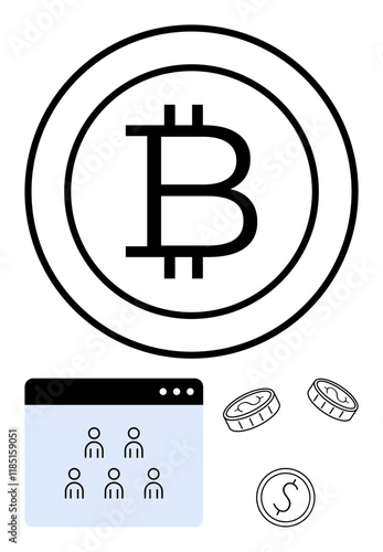 Bitcoin logo in circle, digital coins, and user icons in a web interface. Ideal for cryptocurrency, blockchain, digital wallets, tech startups, finance, financial inclusion abstract line flat