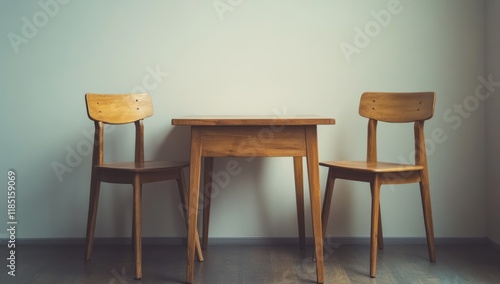 Wallpaper Mural Wooden Table and Chairs Set Against a Light Wall Torontodigital.ca