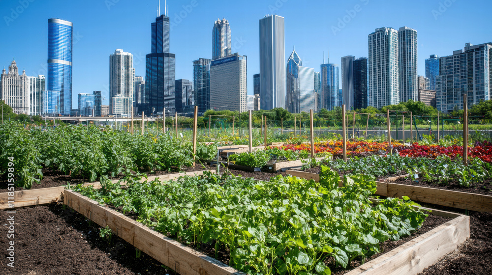 Urban community garden with city skyline in background Urban community garden with city skyline in background