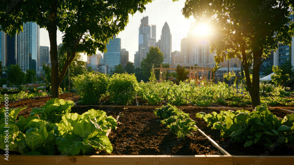Fototapeta premium Urban community garden with lush greenery and city skyline at sunset
