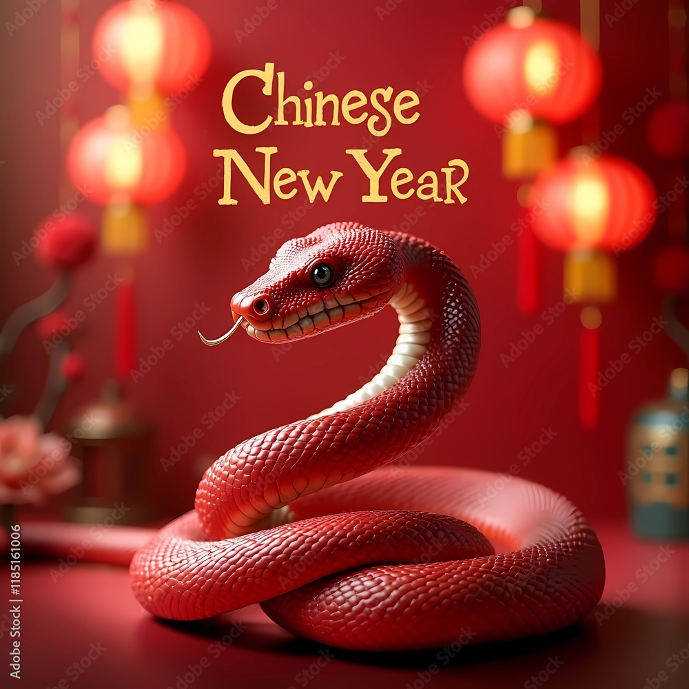 Closeup of red snake and Chinese New Year golden text on top with two lanterns isolated on red background. Chinese New Year festive concept Closeup of red snake and Chinese New Year golden text on top with two lanterns isolated on red background. Chinese New Year festive concept