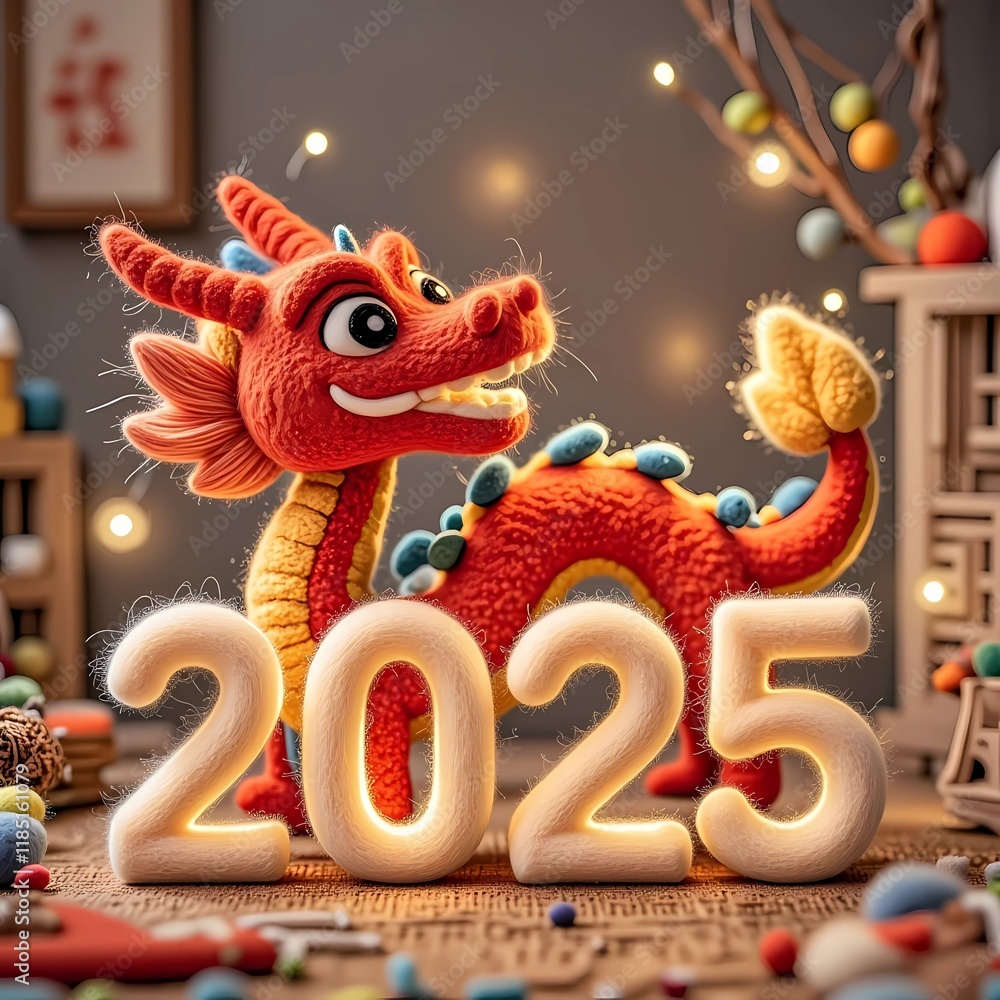 Number 2025 and dragon/snake created from wool with toy elements at background. Chinese New Year festive concept Number 2025 and dragon/snake created from wool with toy elements at background. Chinese New Year festive concept