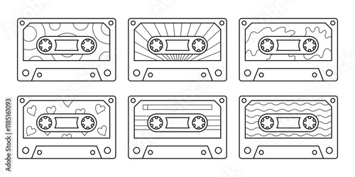 Linear music tapes vector set on white background. Isolated collection of contour retro cassettes for coloring pages
