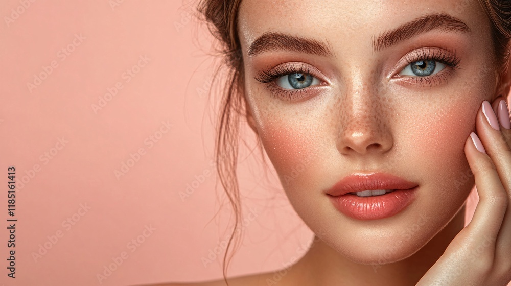 Beautiful woman with freckles showing perfect skin and makeup Beautiful woman with freckles showing perfect skin and makeup