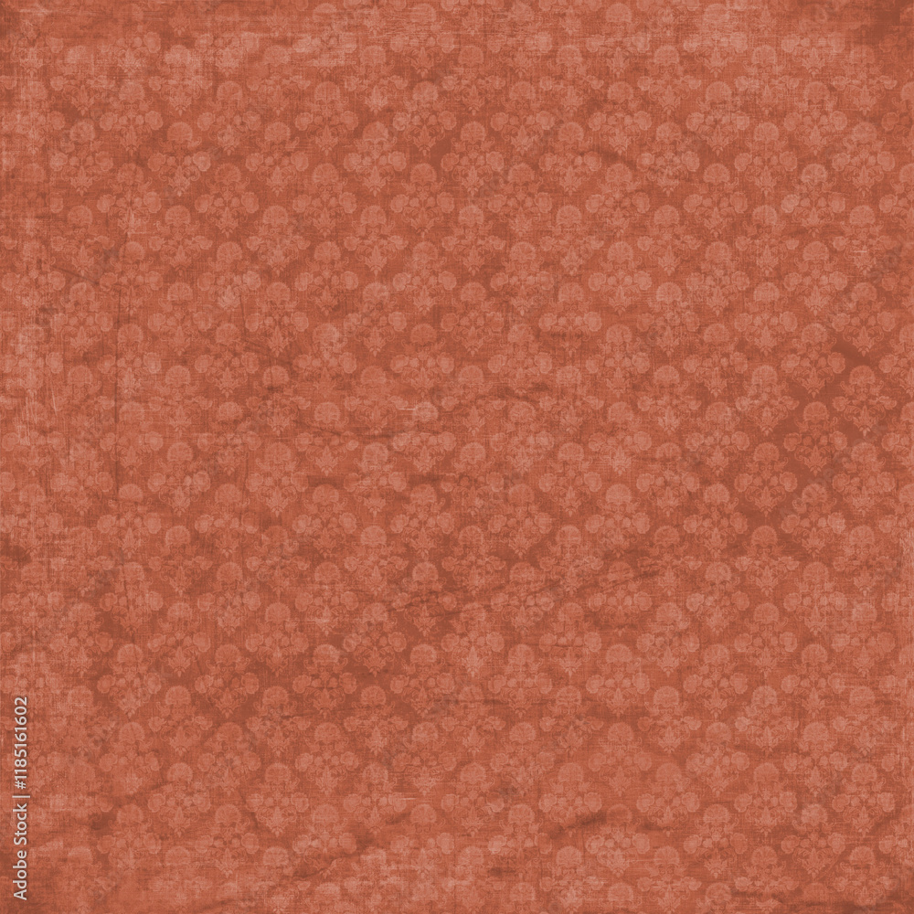 Fototapeta premium Vintage red damask texture with distressed grunge effect and subtle baroque floral motifs, ideal for antique backgrounds, wallpaper, rustic themes, and decorative design.