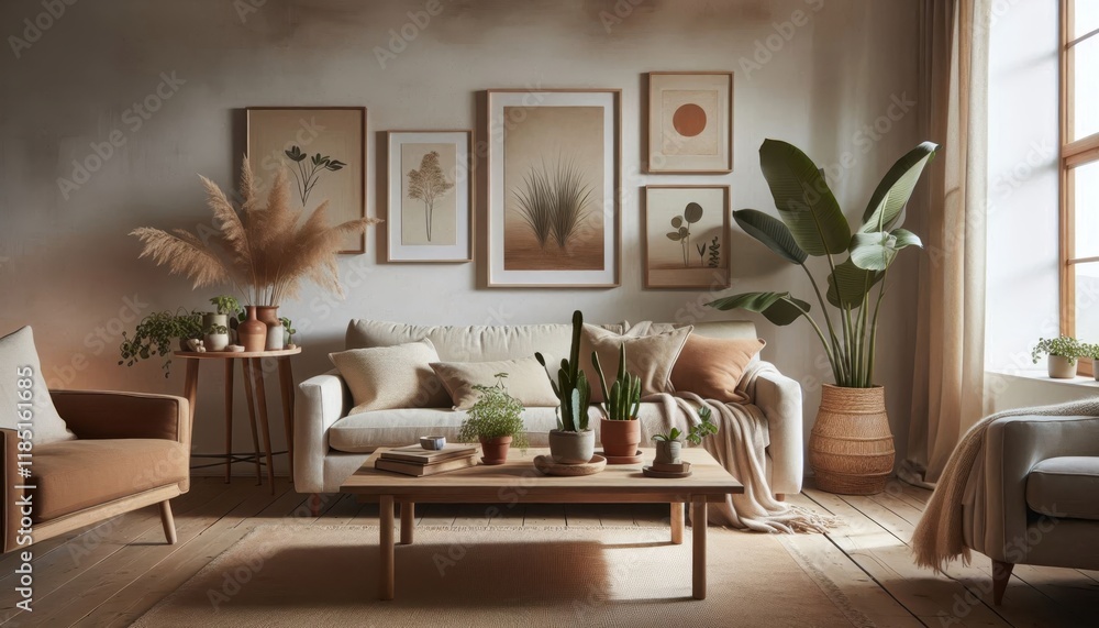 Fototapeta premium Minimalist living room, neutral tones, beige couch, wooden coffee table, large potted plants, fiddle leaf fig, botanical wall art, woven baskets, natural textures, organic shapes, calm atmosphere, Sca