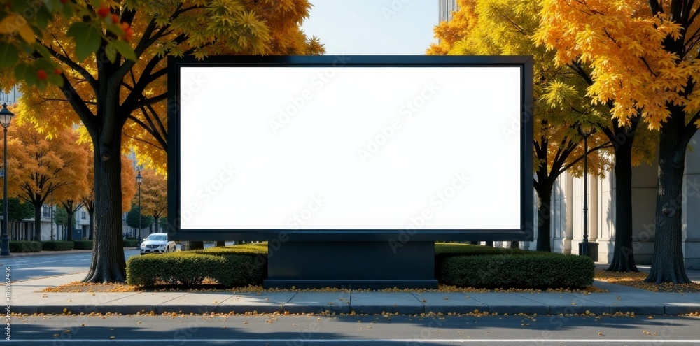 Classic city billboard mockup beside street surrounded by trees with empty space for ad design promotion, city architecture, empty space, urban landscape Classic city billboard mockup beside street surrounded by trees with empty space for ad design promotion, city architecture, empty space, urban landscape