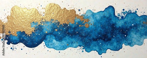 bronze and blue abstract smear blot on textured paper background with gold stained brushstrokes, acrylic smear, texture oil, gold