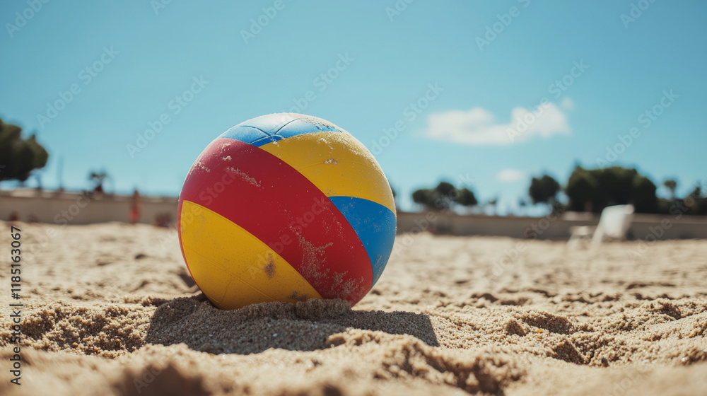 Obraz premium Beach ball on sand, playful vibe on sunny day at beach