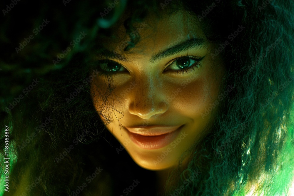 Gorgeous smiling mixed-race girl - for ads, marketing material and internet networks use. Commercial promotion idea. Long hairdo - afro hair. Long colored inspiration. Black woman artistic.