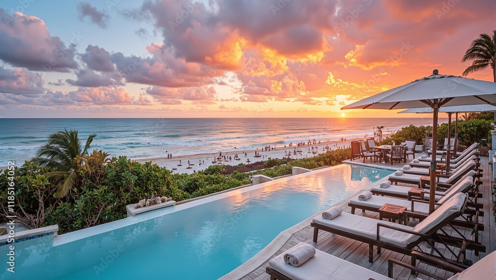 Tranquil beachfront scene at dusk with lounge chairs parasols and vibrant sunset colors reflecting on ocean waves Tranquil beachfront scene at dusk with lounge chairs parasols and vibrant sunset colors reflecting on ocean waves