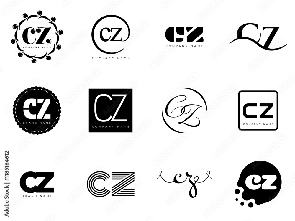 CZ logo company template. Letter c and z logotype. Set different classic serif lettering and modern bold text with design elements. Initial font typography. CZ logo company template. Letter c and z logotype. Set different classic serif lettering and modern bold text with design elements. Initial font typography.