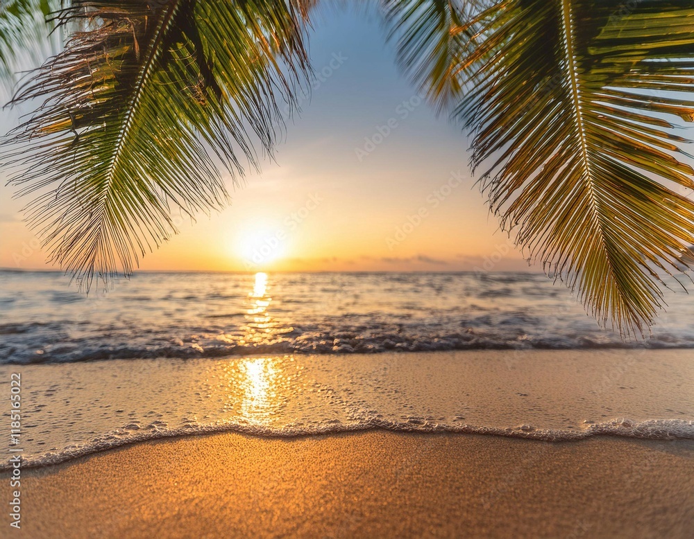 Fototapeta premium Relaxing Afternoon at a Tropical Beach With Palm Trees and Sunset Over Calm Ocean Waves