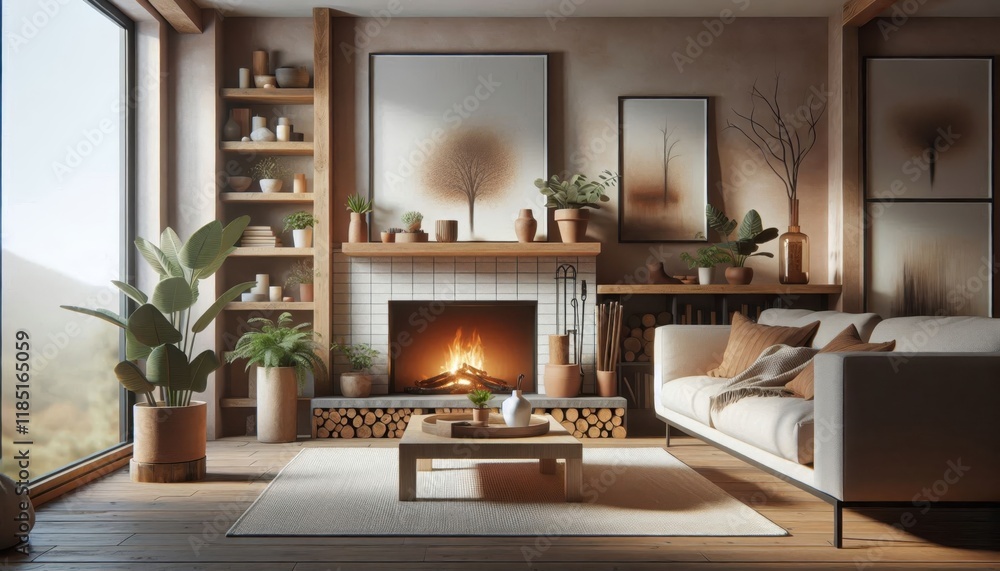 Fototapeta premium Cozy living room, warm fireplace, cream sofa, wooden coffee table, bookshelves, framed artwork, stacked firewood, soft lighting, rustic modern decor, earth tones, intimate atmosphere, hygge interior, 