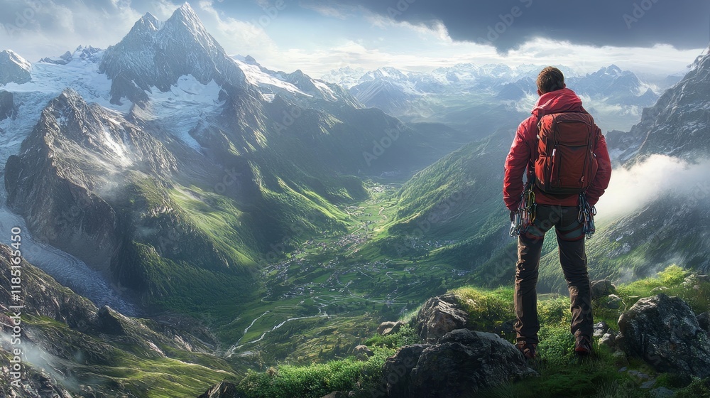 Majestic Mountain Landscape with Adventurer Overlooking a Lush Valley and Snowy Peaks Under a Dramatic Sky at Dawn or Dusk in a Scenic Wilderness Setting Majestic Mountain Landscape with Adventurer Overlooking a Lush Valley and Snowy Peaks Under a Dramatic Sky at Dawn or Dusk in a Scenic Wilderness Setting