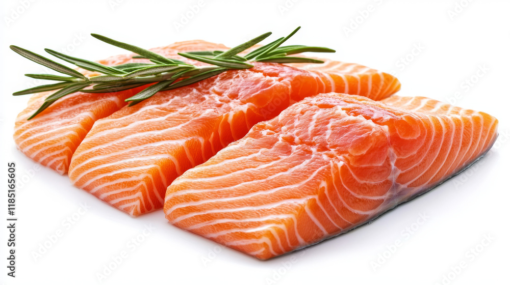 Fresh salmon fillets, rosemary garnish Ready to cook. Fresh salmon fillets, rosemary garnish Ready to cook.