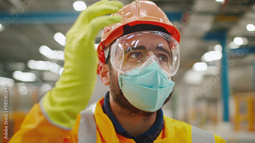 Sanitation worker in protective gear cleaning industrial area photo