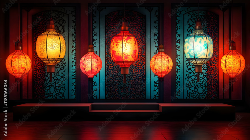 Obraz premium Glowing lanterns illuminate Asian palace interior