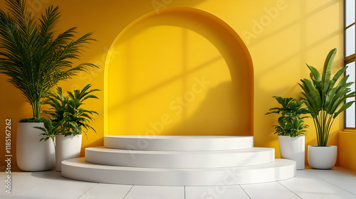 Yellow room, white podium, plants, sunlight, product display