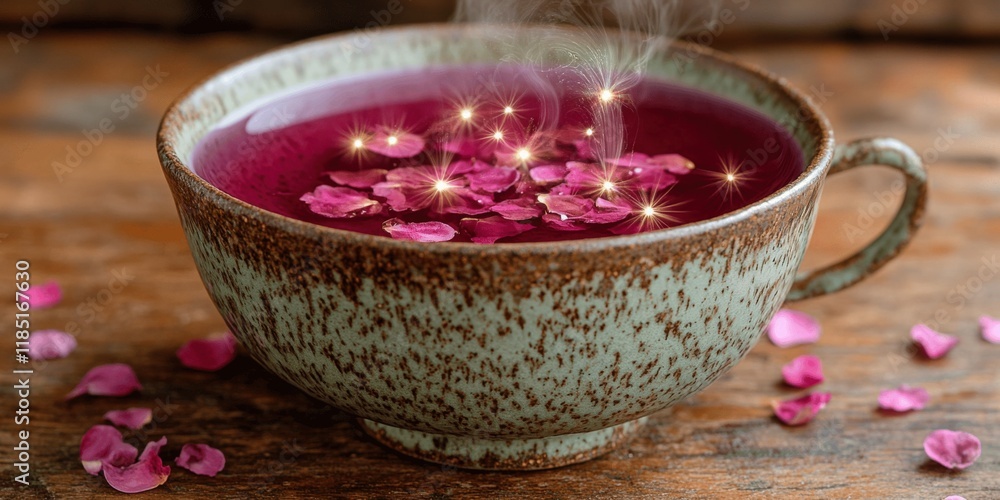 Enchanting Aromatic Rose Petal Tea in Rustic Ceramic Cup on Wooden Table With Warm Steam and Magically Sparkling Petals for Relaxation and Wellness Enchanting Aromatic Rose Petal Tea in Rustic Ceramic Cup on Wooden Table With Warm Steam and Magically Sparkling Petals for Relaxation and Wellness