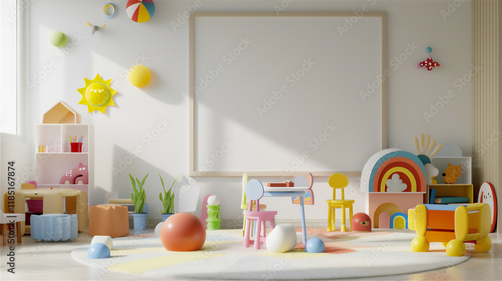 Playroom for kids with empty poster frame on the wall, version 10 Playroom for kids with empty poster frame on the wall, version 10