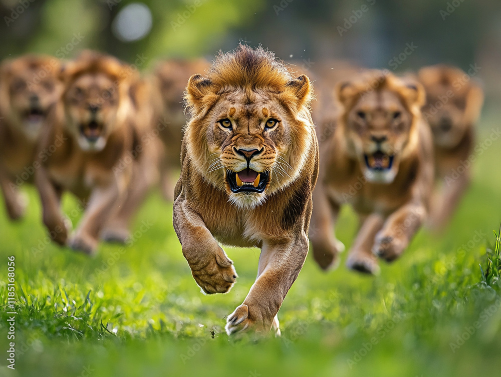 Lions charging forward in a lush green field Lions charging forward in a lush green field