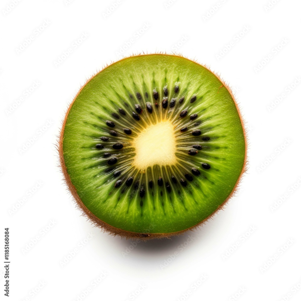Close-up of a juicy, vibrant kiwi fruit slice, showcasing its bright green flesh and tiny black seeds against a clean white background. A refreshing and healthy treat! Close-up of a juicy, vibrant kiwi fruit slice, showcasing its bright green flesh and tiny black seeds against a clean white background. A refreshing and healthy treat!