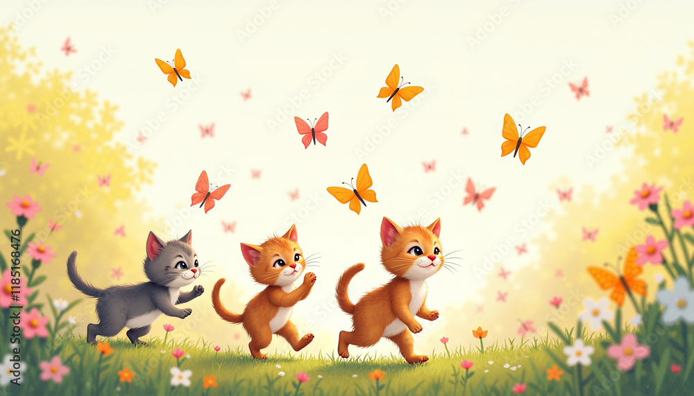 Fototapeta premium Playful kittens chasing butterflies in a vibrant garden