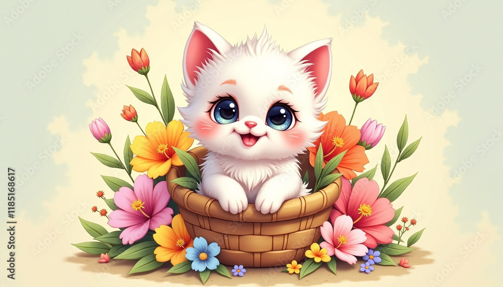 Cute kitten sitting in a basket of colorful flowers Cute kitten sitting in a basket of colorful flowers