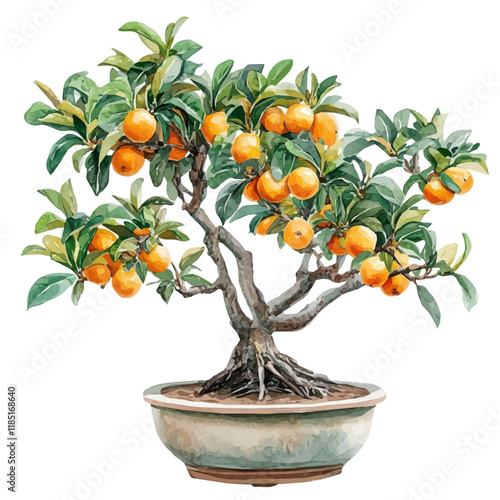 A watercolor vector of a Loquat Bonsai, isolated on a white background. Loquat Bonsai vector.
