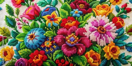 Wallpaper Mural Colorful Floral Cross Stitch Double Exposure: Intricate Needlework Embroidery Pattern Torontodigital.ca