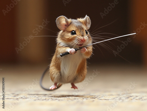 Mouse performs with a little sword in dynamic pose photo