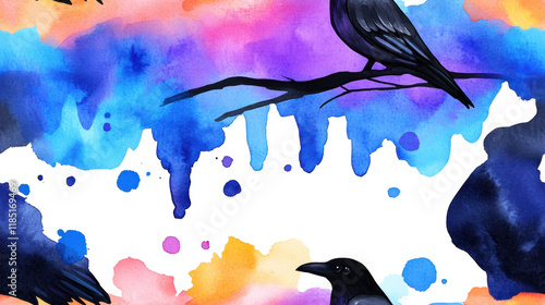 Seamless pattern, Colorful watercolor artwork featuring black crows perched on branches against a vibrant abstract background of blues and purples. photo