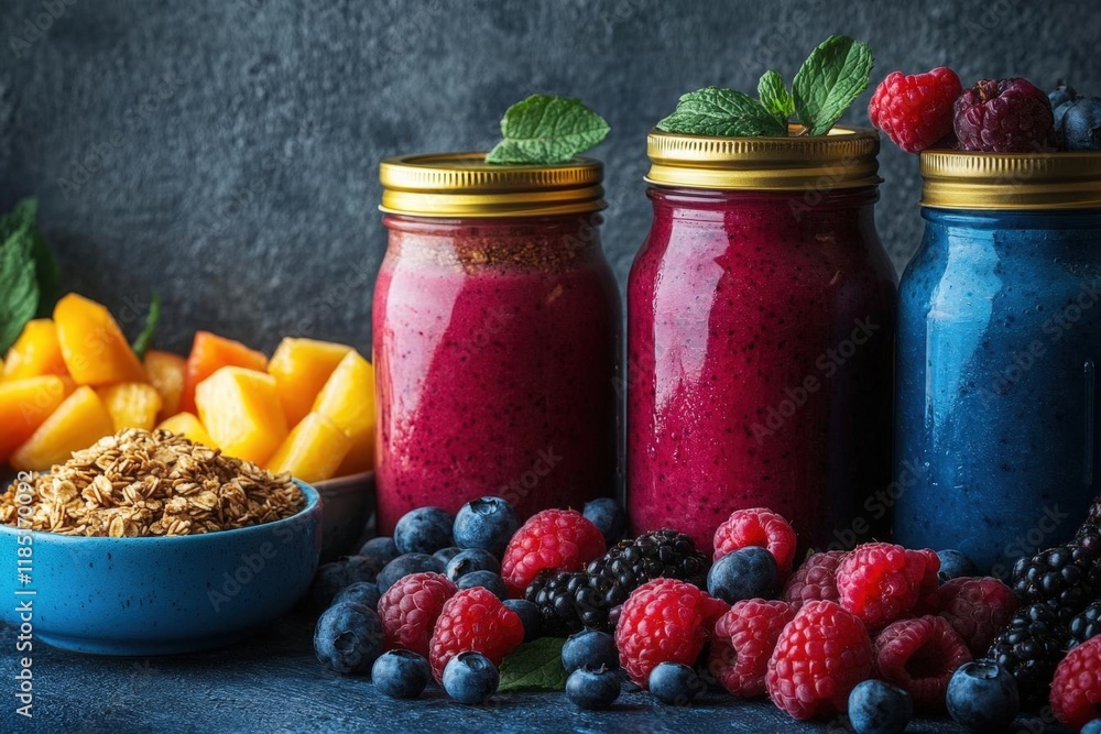 Rustic breakfast counter featuring smoothie jars, granola, and bowls of freshly sliced fruits for a colorful morning meal Rustic breakfast counter featuring smoothie jars, granola, and bowls of freshly sliced fruits for a colorful morning meal