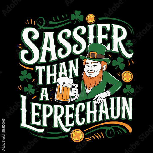 A leprechaun with a beer mug, shamrocks and gold coins. St. Patricks Day theme