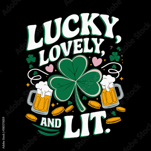 St. Patricks Day graphic with shamrocks, beer mugs, gold coins