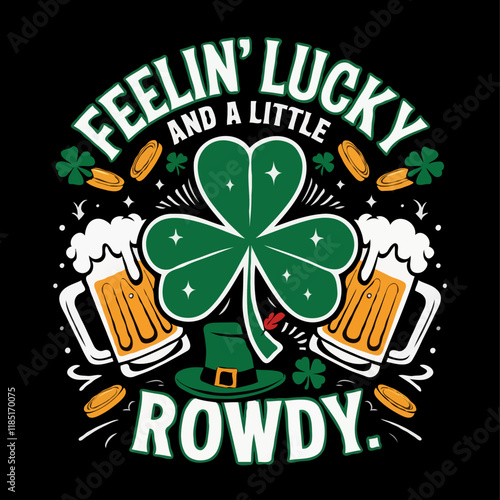 St. Patricks Day shamrocks, beer mugs, gold coins, a leprechaun hat