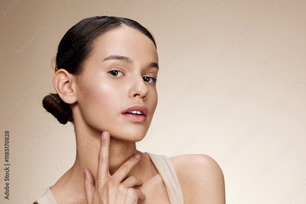 Close up portrait of a young woman with natural makeup showing a soft smile and healthy skin against a neutral background, highlighting beauty and skincare Close up portrait of a young woman with natural makeup showing a soft smile and healthy skin against a neutral background, highlighting beauty and skincare