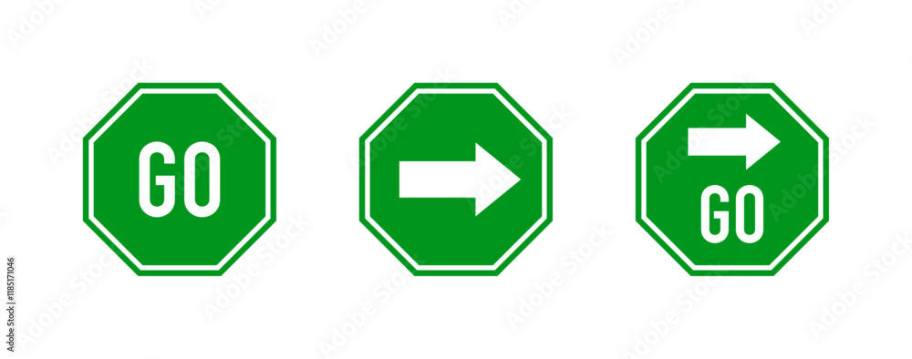 Green go sign. White text and arrow symbol on green traffic sign. Vector illustration. Green go sign. White text and arrow symbol on green traffic sign. Vector illustration.