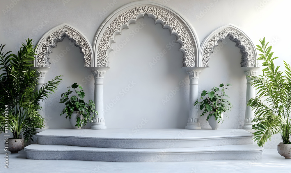 Fototapeta premium White Moroccan archway backdrop, plants, stage
