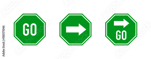 Green go sign. White text and arrow symbol on green traffic sign. Vector illustration.