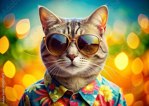 Cool Cat in Sunglasses & Hawaiian Shirt: Summer Fashion Stock Photo photo