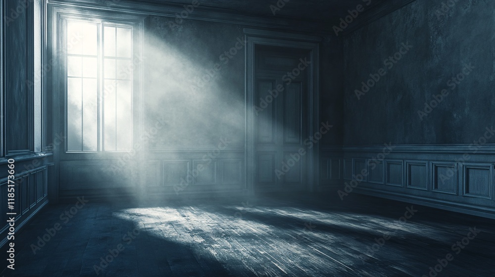 Sunbeams illuminating dusty room with wooden floor and wainscoting Sunbeams illuminating dusty room with wooden floor and wainscoting