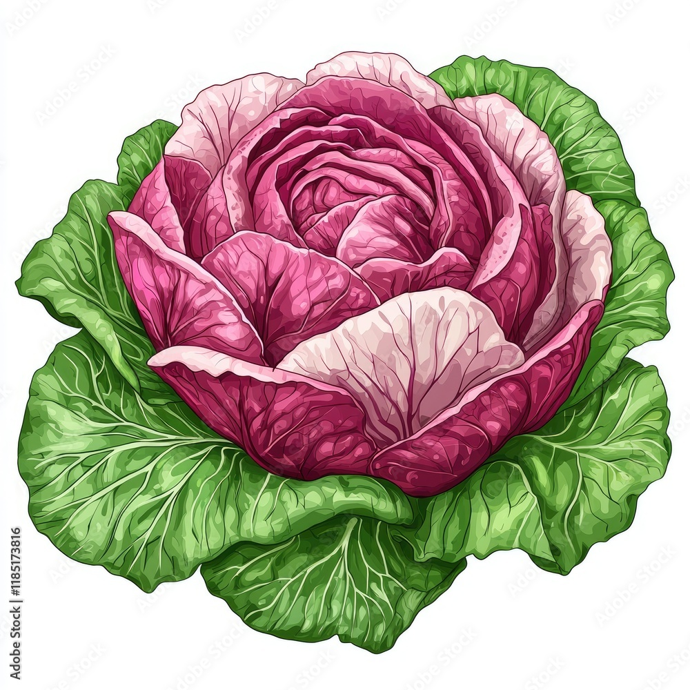 Obraz premium Radicchio Cabbage: A Vibrant Botanical Illustration - Detailed Close-up of Red and Green Leafy Vegetable