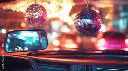 Night drive with disco balls, city lights reflected in car mirror. photo