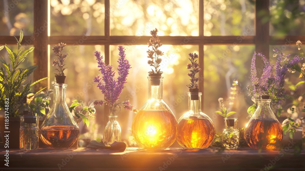 Serene Glass Bottles with Herbal Extracts and Sunlight Streaming Through a Window in a Nature-Inspired Laboratory Setting Serene Glass Bottles with Herbal Extracts and Sunlight Streaming Through a Window in a Nature-Inspired Laboratory Setting