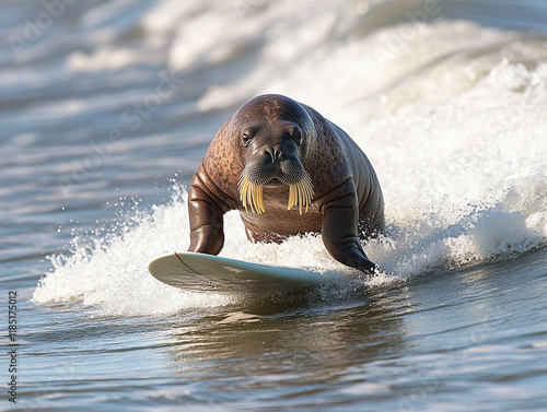 Walrus surfing on a wave at the beach photo