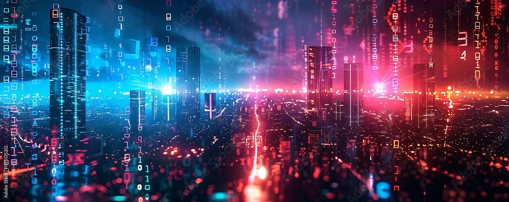 Fototapeta premium Futuristic cityscape at night with digital data streams.