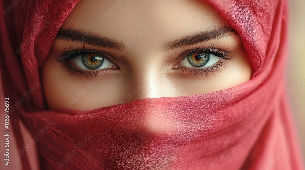 Naklejka premium beautiful young Muslim woman covered her face in hijab. focus on the eyes, fashion oriental style woman.